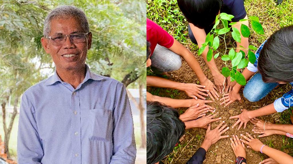 Mr Sombo and some children planting a seedling