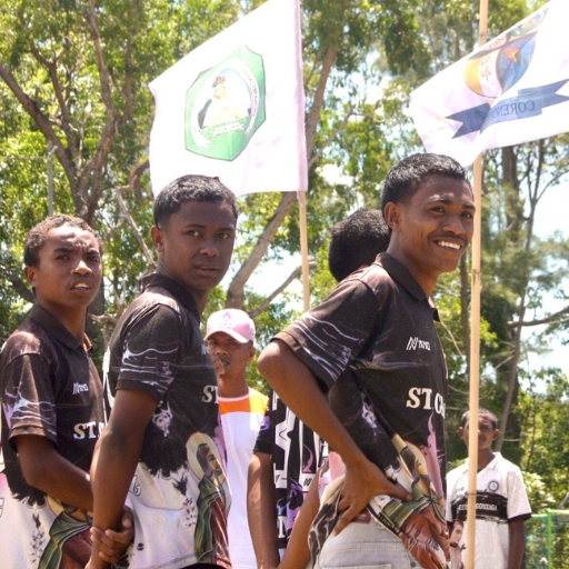 Three boys carry their team flags at a sports day